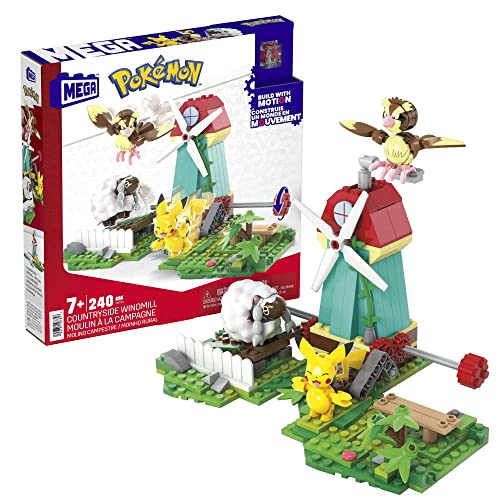 Mega Pokémon Figuren Bauset Windmühlen Farm, 240 Teile, mit Pikachu-, Taubsi- und Wolly-Actionfiguren und Bewegungsstein, Pokémon Spielzeug, Spielzeug ab 7 Jahren, HKT21 von Mega