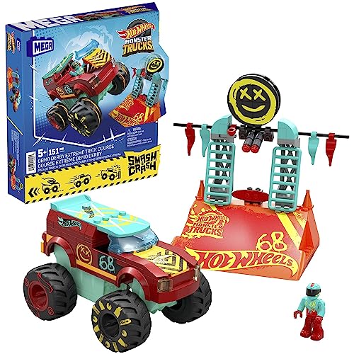 Mega Hot Wheels Monster Trucks Bauspielzeug, Demo Derby Extreme Stunt-Set mit 151 Teilen und 1 Mikro-Actionfigur, rot, Geschenkideen für Kinder, HNG53 von Mega