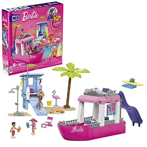 Barbie Malibu Traumboot - Bauset mit 317 Teilen, inkl. 3 Barbie-Puppen, 2 Haustiere, Mode- & Strandzubehör, kreatives Spielzeug für Kinder ab 6 Jahren, HPN79 von MEGA