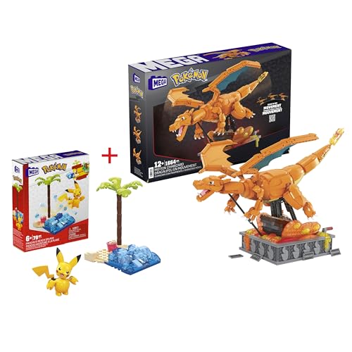 MEGA Pokémon Bundle Pack - Glurak Actionfigur 28 cm groß (HMW05) + Pikachus Strandtag Bauset (HDL76) zusammenbaubares Bauspielzeug für Erwachsene und Kinder ab 7 Jahren von Mega