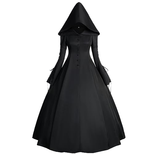 Frauen Mittelalterliches schwarzes Hexenkleid mit Kapuze für Halloween Cosplay Gothic Vampir Kostüm 3XL Schwarz von Meiaoxiu