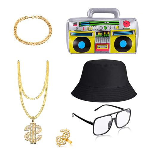 Meiliyizu 80er 90er Rapper Kostüm Set für Herren Damen 80er 90er Jahre Hip Hop Kostüm Zubehör Brille Halskette Eimer Hut Radio Meiliyizu 80er 90er Rapper Kostüm Set für Herren Damen 80er 90er Jahre Hip Hop Kostüm Zubehör Brille Halskette Eimer Hut Radio von Meiliyizu