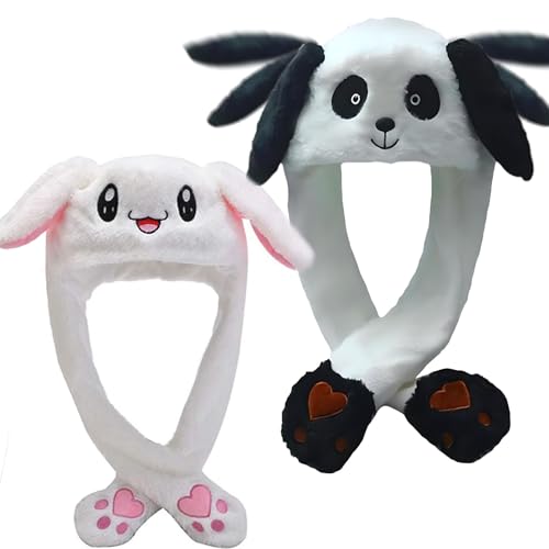 2 Pcs Beweglicher Ohr-Kaninchen-Hut, Netter Panda-Hut Plüsch Bunny Ohren Stirnband Halloween Tier Ostern Cosplay Kaninchen - Lustige Plüsch-Häschen-Hut-Kappe mit Den Ohren(Kaninchenform + Pandaform) von Mein HERZ