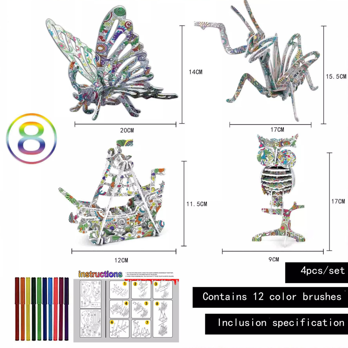 3D Colour Puzzle™ - Färben Sie Ihre eigene Skulptur - 3D-Puzzle (2+1 GRATIS) Insekten/Denkmäler | Pädagogisches Holzspielzeug von Mein Kleines Baby