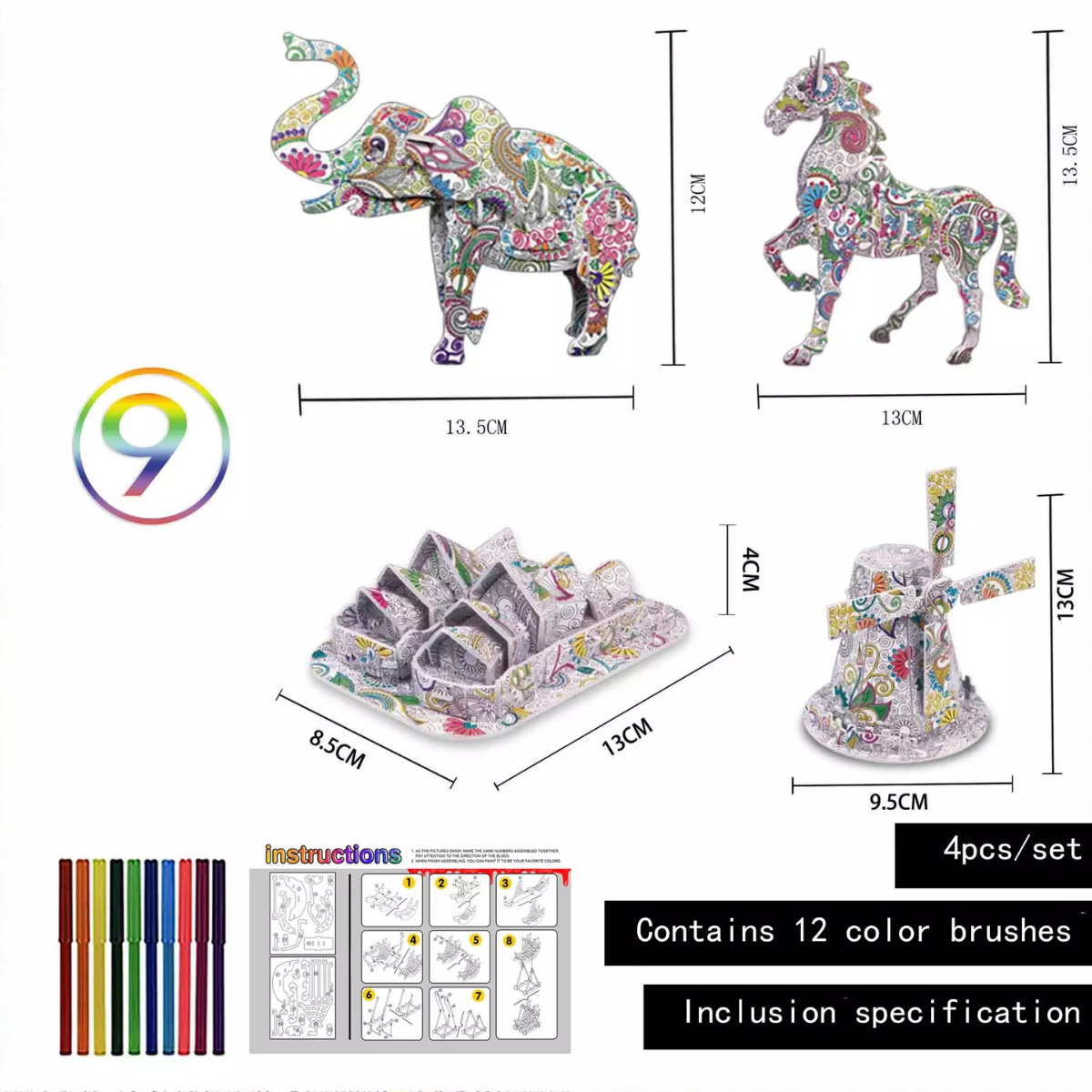 3D Colour Puzzle™ - Färben Sie Ihre eigene Skulptur - 3D-Puzzle (2+1 GRATIS) Tiere/Denkmäler | Pädagogisches Holzspielzeug von Mein Kleines Baby
