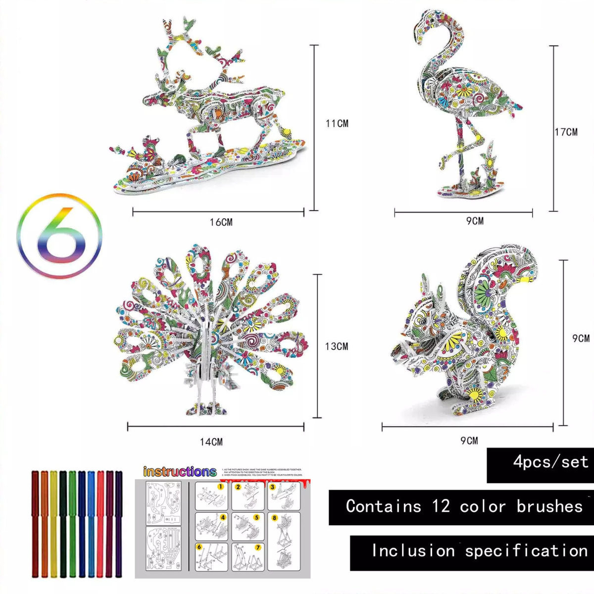3D Colour Puzzle™ - Färben Sie Ihre eigene Skulptur - 3D-Puzzle (2+1 GRATIS) Tiere 2 | Pädagogisches Holzspielzeug von Mein Kleines Baby