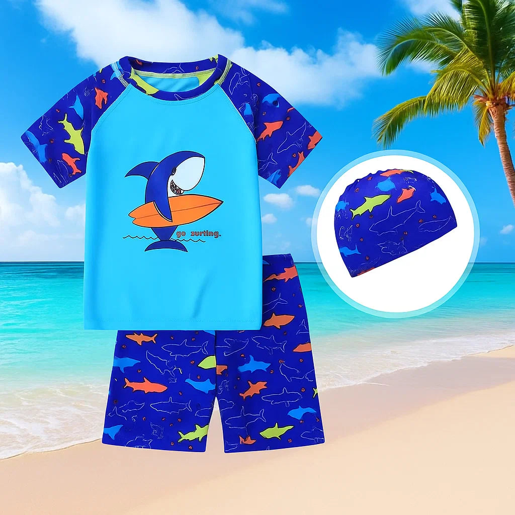 AquaFun– Atmungsaktiv&sicher– Kinder-Badeset mit UPF-Schutz Schwimmshirt&Hose + Badekappe / 100 (3–4 Jahre) / Hai | Pädagogisches Holzspielzeug von Mein Kleines Baby