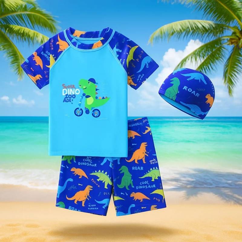 AquaFun– Atmungsaktiv&sicher– Kinder-Badeset mit UPF-Schutz Schwimmshirt&Hose + Badekappe / 100 (3–4 Jahre) / Radfahrender Dinosaurier | Pädagogisches Holzspielzeug von Mein Kleines Baby