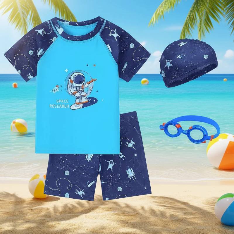 AquaFun– Atmungsaktiv&sicher– Kinder-Badeset mit UPF-Schutz Schwimmshirt&Hose + Badekappe&Taucherbrille / 150 (10–11 Jahre) / Astronaut | Pädagogisches Holzspielzeug von Mein Kleines Baby