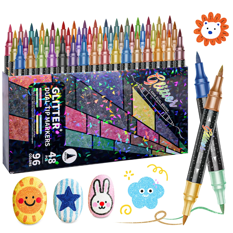 ArtShine – Farverigt & sprudlende – Sæt med dobbeltsidede glitter- og lysende tuschpenne Glitter – 96 farver | Pädagogisches Holzspielzeug von Mein Kleines Baby