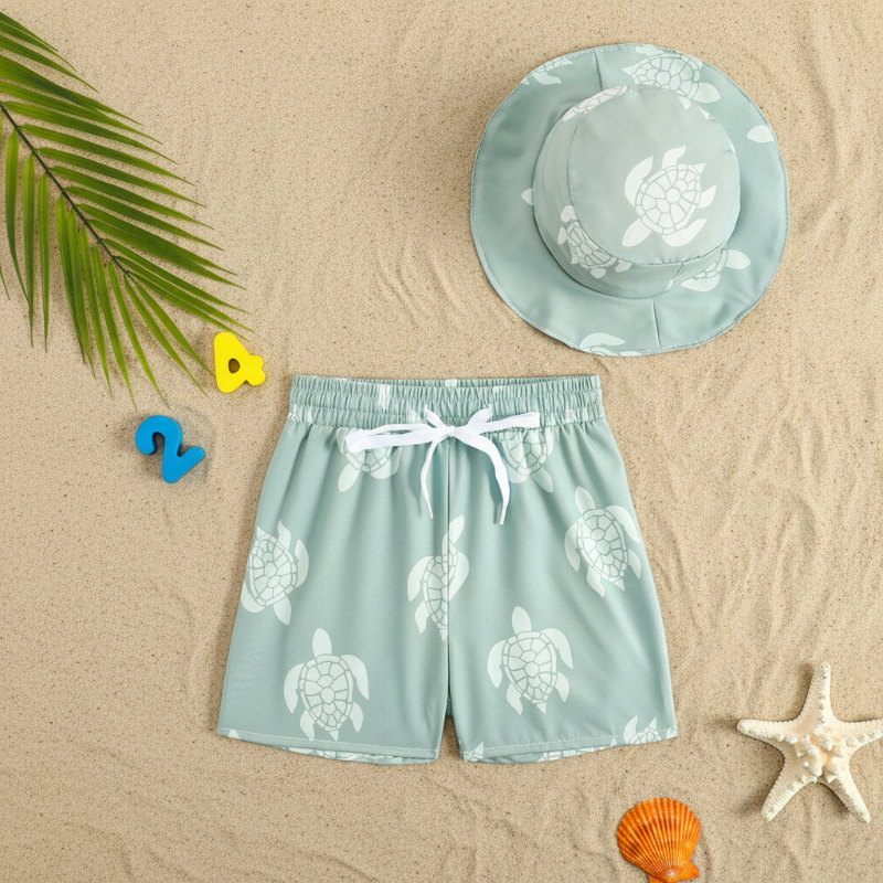 Beach Set – Farbenfroh & stilvoll – Badehose mit Aufdruck & Hut Meeresschildkröte / 110 (18–24 Monate) | Pädagogisches Holzspielzeug von Mein Kleines Baby