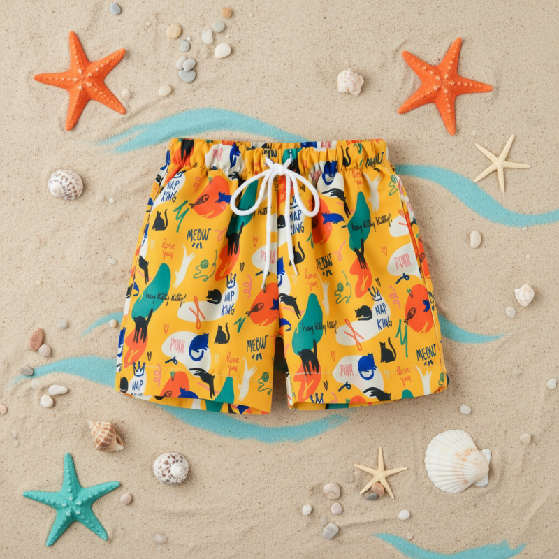 Beach Shorts – Leicht & verspielt – Tropische Kinder-Badehose Verspielte Katzen / 120 (5–6 Jahre) | Pädagogisches Holzspielzeug von Mein Kleines Baby