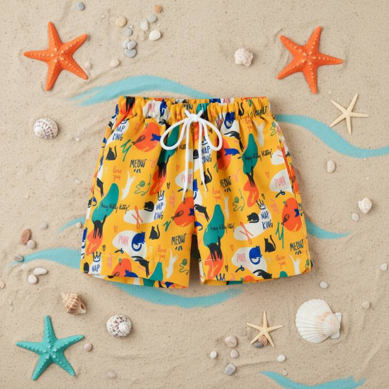 Beach Shorts – Leicht & verspielt – Tropische Kinder-Badehose Verspielte Katzen / 120 (5–6 Jahre) | Pädagogisches Holzspielzeug von Mein Kleines Baby