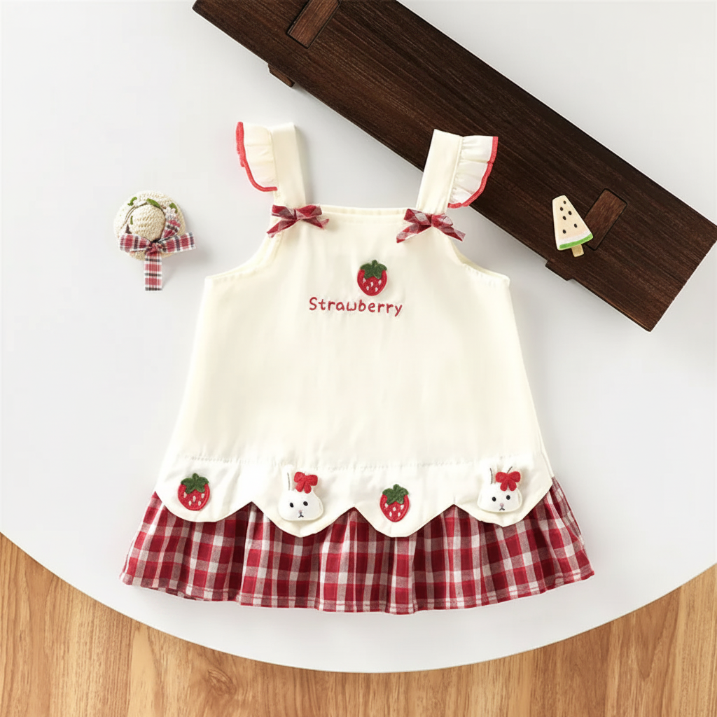 BerryBloom – Süß & bequem – Mädchenkleid mit Erdbeer- und Hasen-Aufnäher 80 (6–9 Monate) | Pädagogisches Holzspielzeug von Mein Kleines Baby
