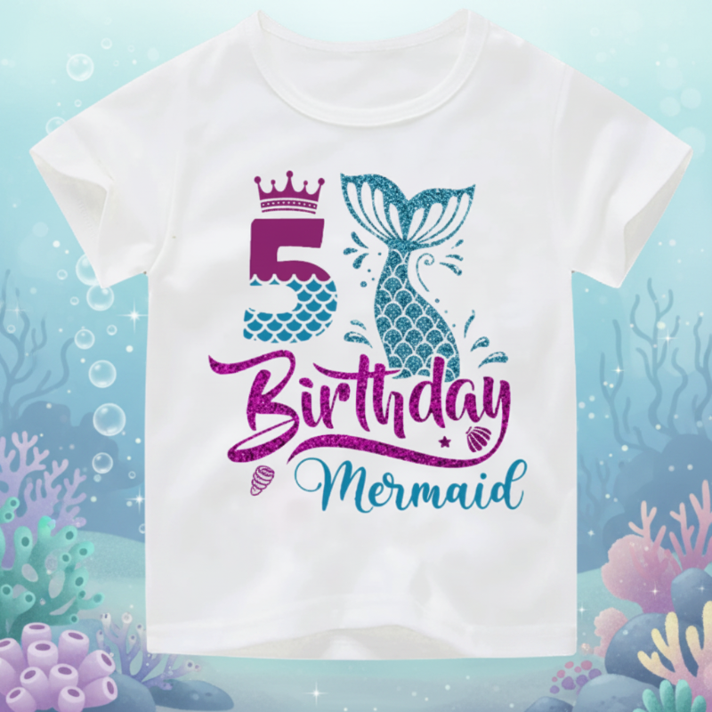 Birthday Graphic Tee – Niedlich & Luftig – Kinder-T-Shirt zum Geburtstag Meerjungfrau / 5 Größe (Jahre 120) | Pädagogisches Holzspielzeug von Mein Kleines Baby