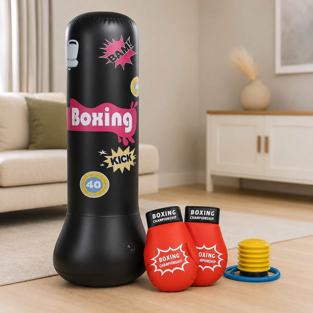 BopBag – Spaß & Aktivität – Aufblasbarer Boxsack mit Handschuhen Schwarzer Boxsack + Große Handschuhe | Pädagogisches Holzspielzeug von Mein Kleines Baby
