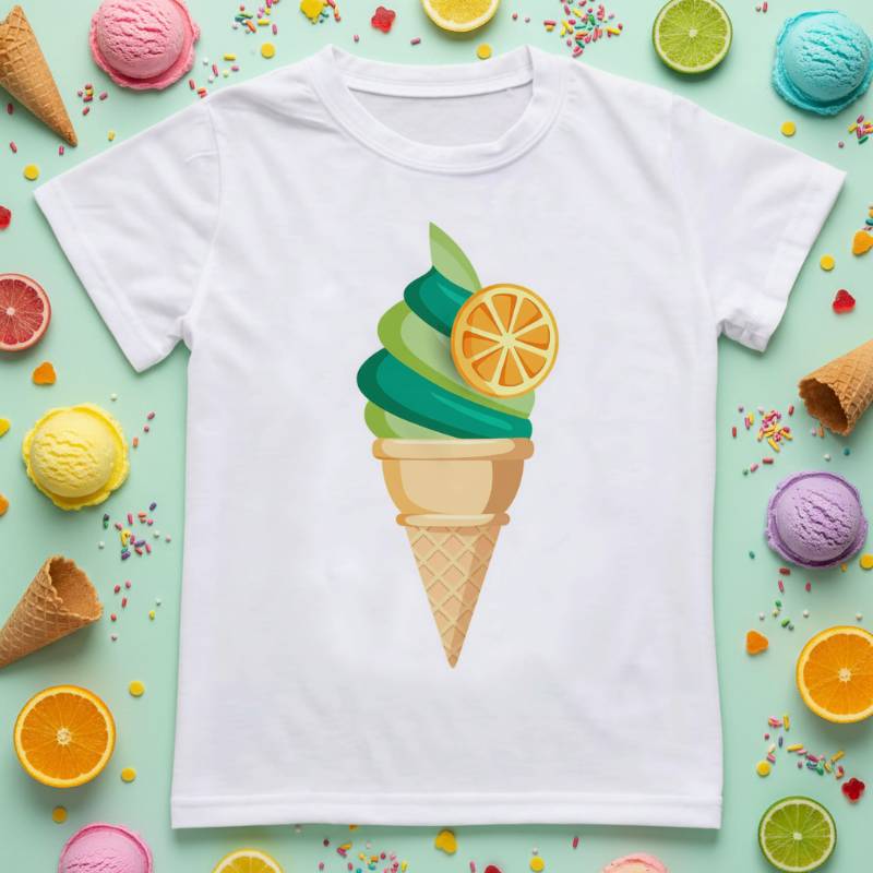 Boys & Girls Summer Tee – Bequem & Verspielt – Kinder-T-Shirt mit lustigem Aufdruck Eiswaffel mit Zitrus-Swirl / 140 (8–9 Jahre) | Pädagogisches Holzspielzeug von Mein Kleines Baby