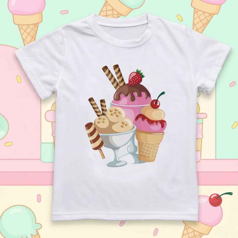 Boys & Girls Summer Tee – Bequem & Verspielt – Kinder-T-Shirt mit lustigem Aufdruck Erdbeer-Eisbecher / 120 (6–7 Jahre) | Pädagogisches Holzspielzeug von Mein Kleines Baby
