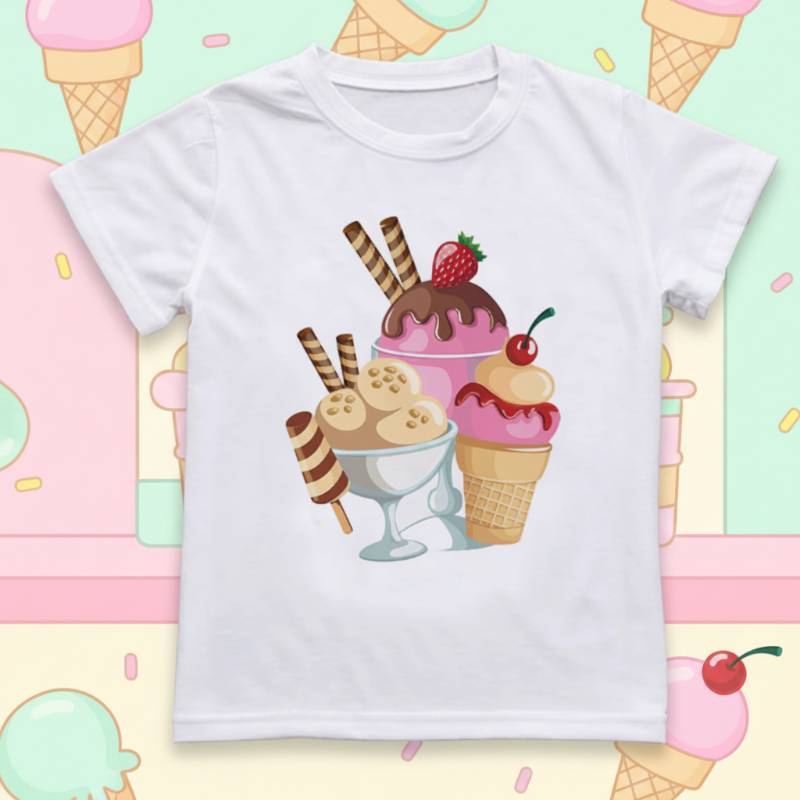Boys & Girls Summer Tee – Bequem & Verspielt – Kinder-T-Shirt mit lustigem Aufdruck Erdbeer-Eisbecher / 120 (6–7 Jahre) | Pädagogisches Holzspielzeug von Mein Kleines Baby