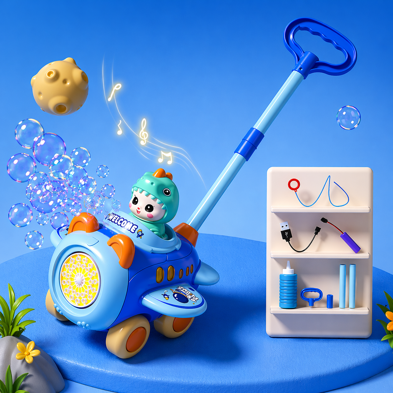 Bubble Blower– Verspielt&lustig– Seifenblasen-Schiebewagen Blauer Dino | Pädagogisches Holzspielzeug von Mein Kleines Baby