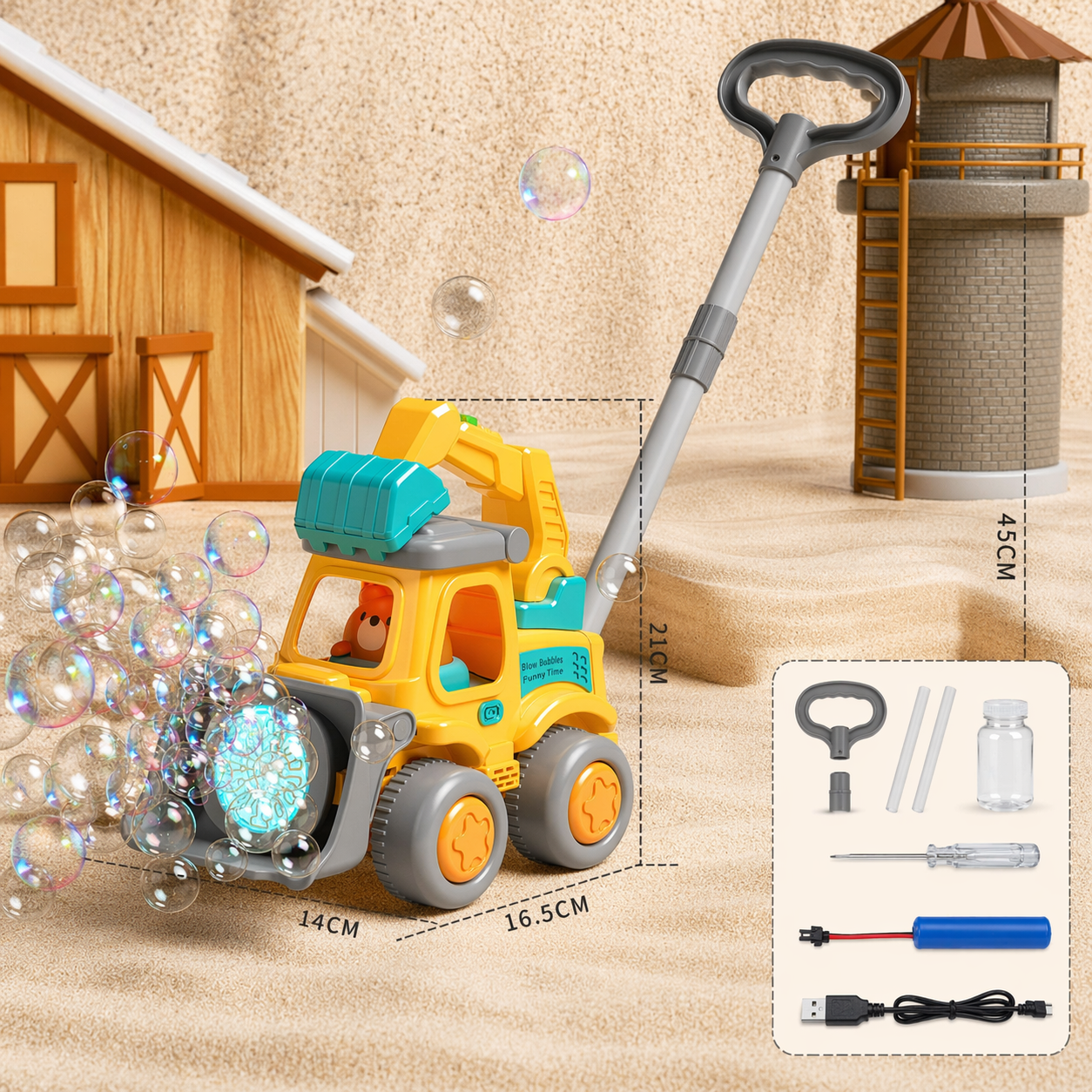 Bubble Blower– Verspielt&lustig– Seifenblasen-Schiebewagen Gelber Bagger | Pädagogisches Holzspielzeug von Mein Kleines Baby