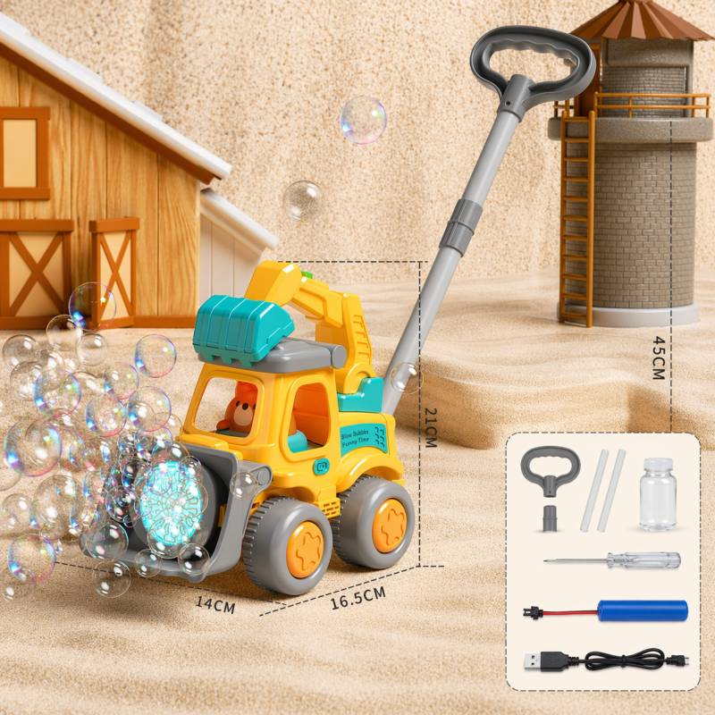 Bubble Blower– Verspielt&lustig– Seifenblasen-Schiebewagen Gelber Bagger | Pädagogisches Holzspielzeug von Mein Kleines Baby