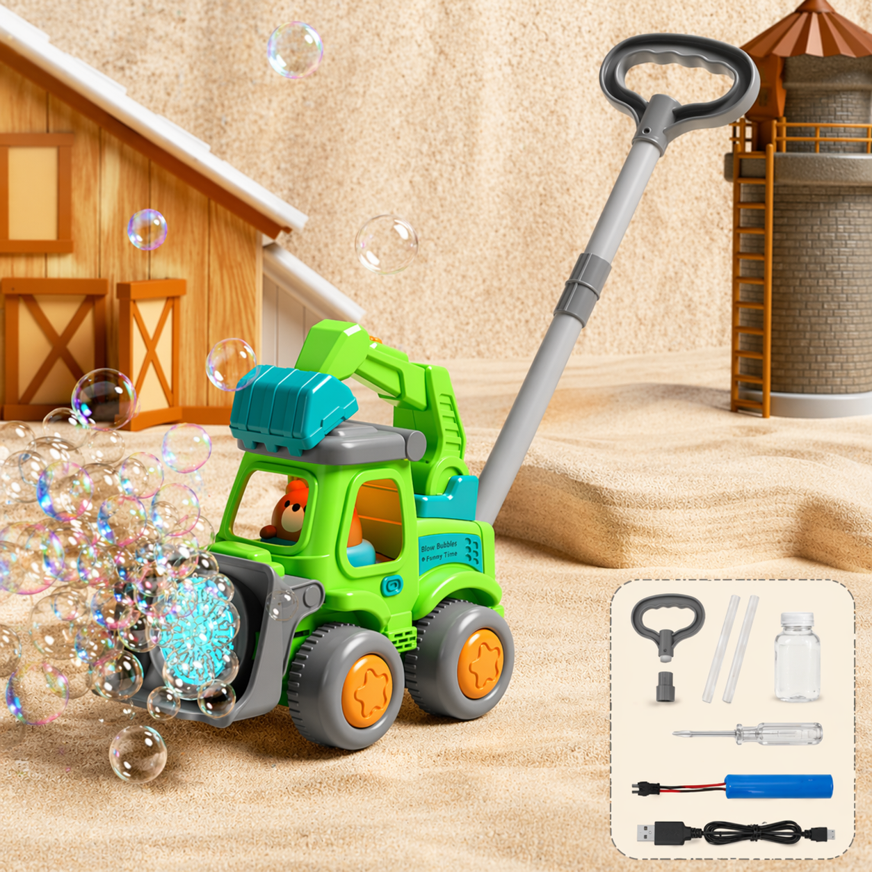 Bubble Blower – Verspielt & lustig – Seifenblasen-Schiebewagen Grüner Bagger | Pädagogisches Holzspielzeug von Mein Kleines Baby