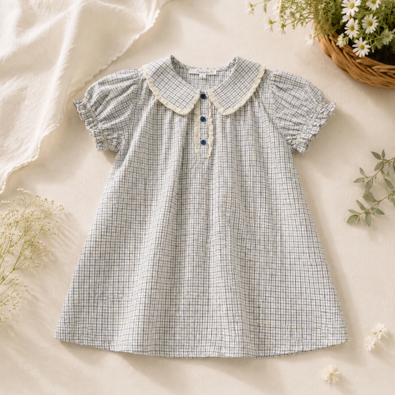 Check Dress – Weich & atmungsaktiv – Klassischer Kragen mit Puffärmeln 110 (4–5 Jahre) | Pädagogisches Holzspielzeug von Mein Kleines Baby