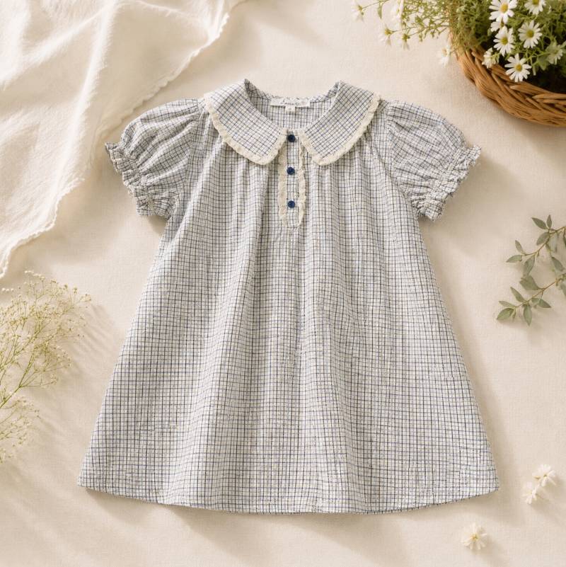 Check Dress – Weich & atmungsaktiv – Klassischer Kragen mit Puffärmeln 110 (4–5 Jahre) | Pädagogisches Holzspielzeug von Mein Kleines Baby