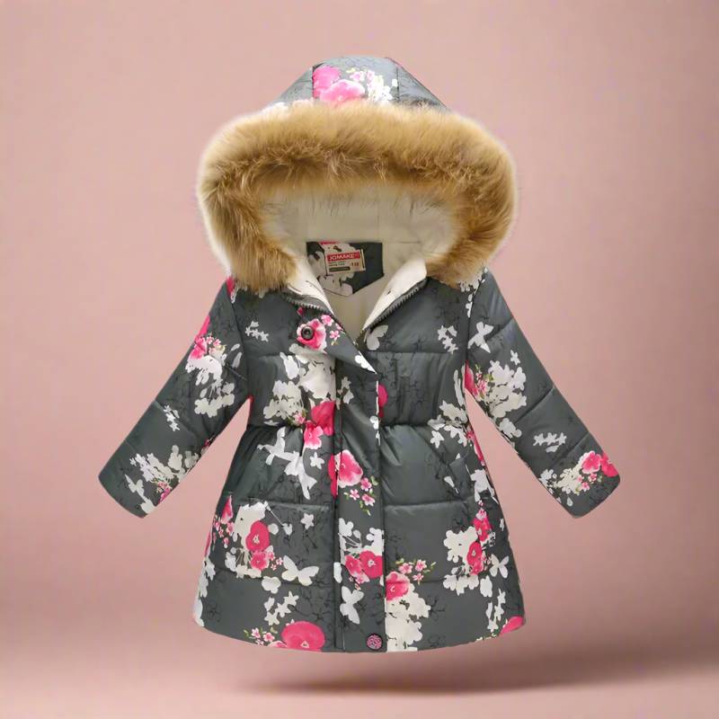 CozyTrend – Elegant og hyggelig – Vatteret vinterjakke til piger Grå blomster / 140 (7-8 år) | Pädagogisches Holzspielzeug von Mein Kleines Baby