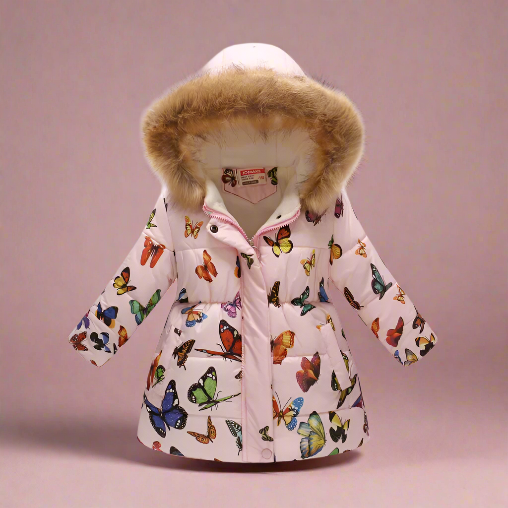 CozyTrend – Elegant & gemütlich – Steppjacke für Mädchen Beige-rosa Schmetterling / 150 (8-10 Jahre) | Pädagogisches Holzspielzeug von Mein Kleines Baby