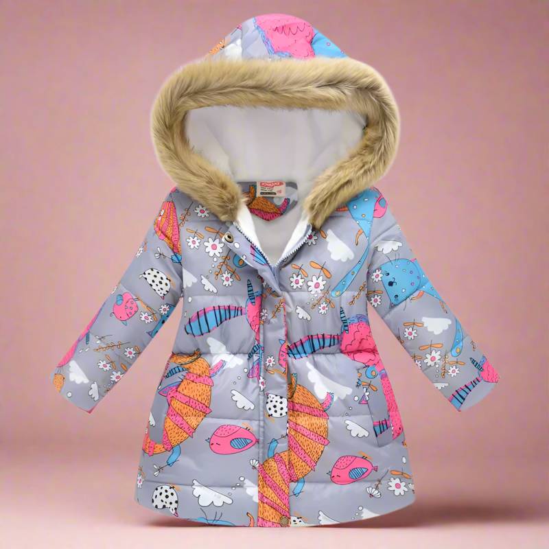 CozyTrend– Elegant&gemütlich – Steppjacke für Mädchen Hellgrauer Cartoon-Druck / 110 (4-5 Jahre) | Pädagogisches Holzspielzeug von Mein Kleines Baby