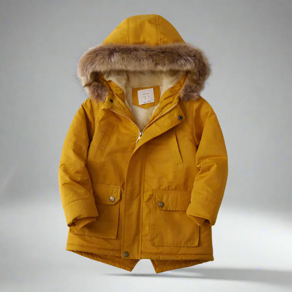 CozyTrend – Eleganter & warmer Parka-Wintermantel mit Pelzkragen Gelb / 110 (4 Jahre) | Pädagogisches Holzspielzeug von Mein Kleines Baby