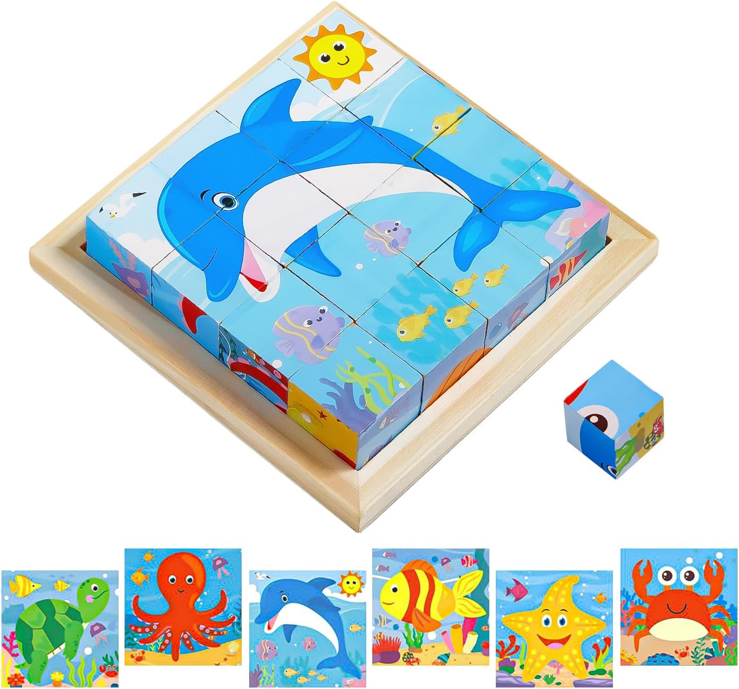 CubePuzzle– Spaß und Bildung - 3D-Holzklötze Puzzle Ozean | Pädagogisches Holzspielzeug von Mein Kleines Baby