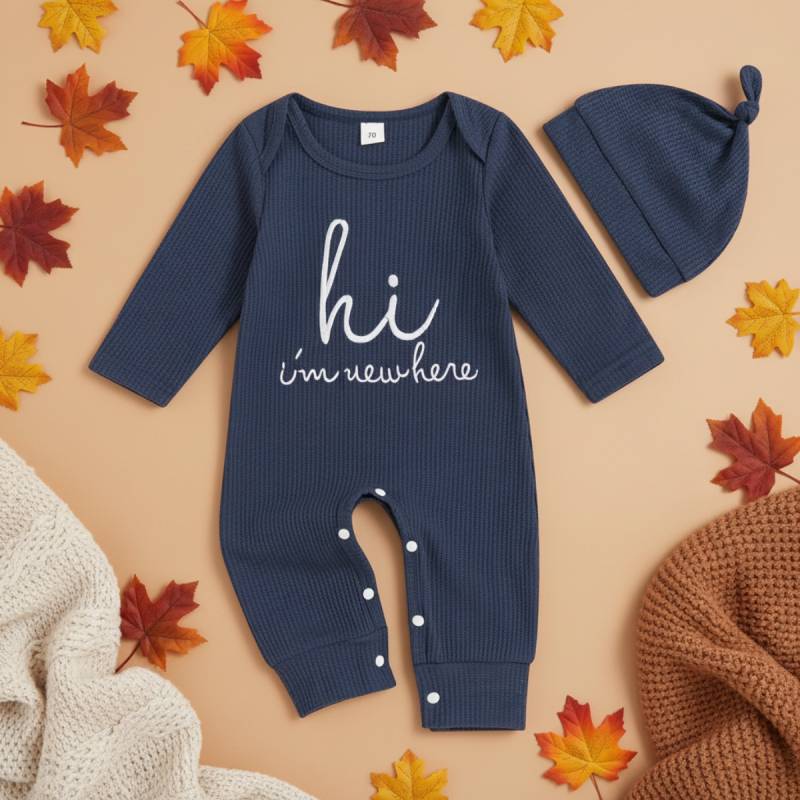 CuddleBaby – Hallo, ich bin neu hier – Set aus Baby-Strampler und Mütze 70 (3–6 Monate) / Blau | Pädagogisches Holzspielzeug von Mein Kleines Baby