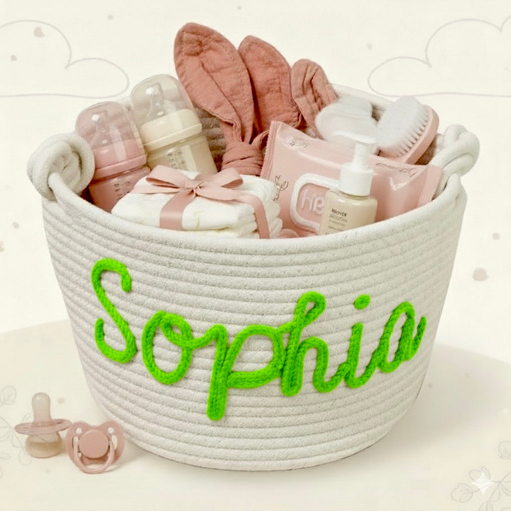 CuddleBasket– Hübsch&persönlich – personalisierter Windelkorb M (24x18cm) / Fluoreszierendes Grün | Pädagogisches Holzspielzeug von Mein Kleines Baby