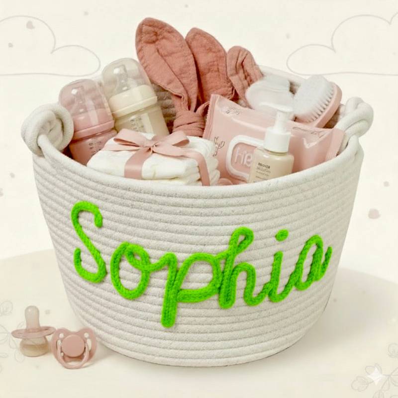 CuddleBasket– Hübsch&persönlich – personalisierter Windelkorb M (24x18cm) / Fluoreszierendes Grün | Pädagogisches Holzspielzeug von Mein Kleines Baby