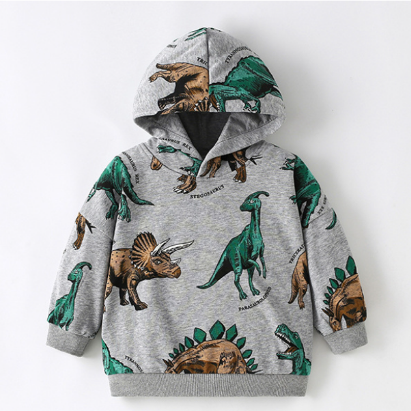 DinoStyle– Warm&atmungsaktiv– Hoodie mit Triceratops-Print Grau / 100 (3–4 Jahre) | Pädagogisches Holzspielzeug von Mein Kleines Baby