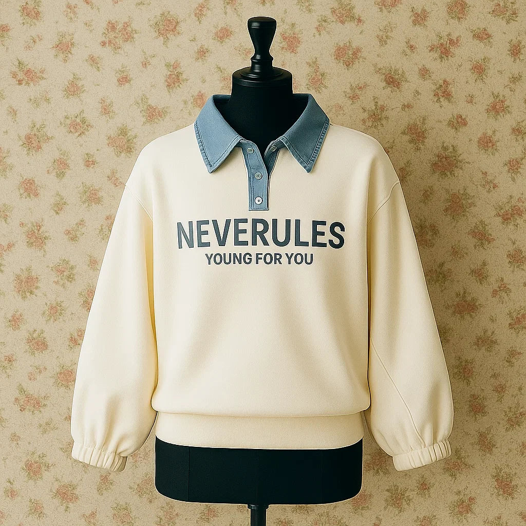 FashionKids– Stilvoll&Verspielt– Poloshirt mit Denimkragen 150 (10-11 Jahre) | Pädagogisches Holzspielzeug von Mein Kleines Baby