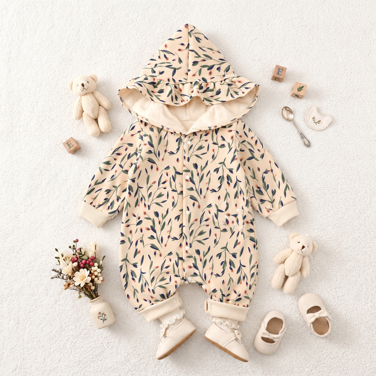 FloraCozy – Weich & warm – Winter-Strampler für Baby-Mädchen mit Blumenmuster 73 (6–9 Monate) | Pädagogisches Holzspielzeug von Mein Kleines Baby