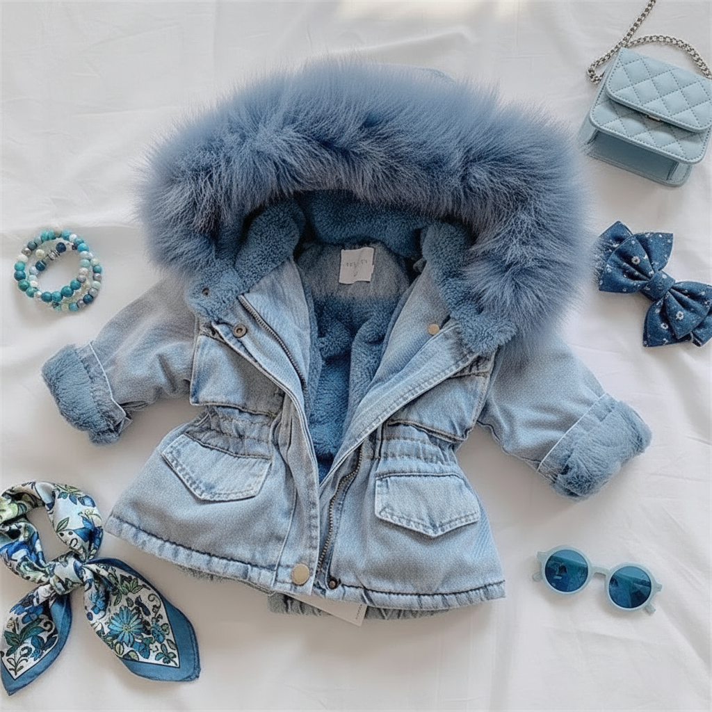 FurDream – Denim-Look – Winterjacke mit Kapuze Blau / 110 (4-5 Jahre) | Pädagogisches Holzspielzeug von Mein Kleines Baby