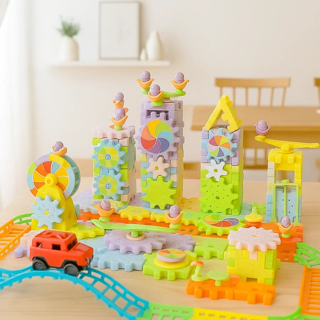 GearTrack– Elektrisch&Pädagogisch – Bausteine-Spielset 203 Stück | Pädagogisches Holzspielzeug von Mein Kleines Baby