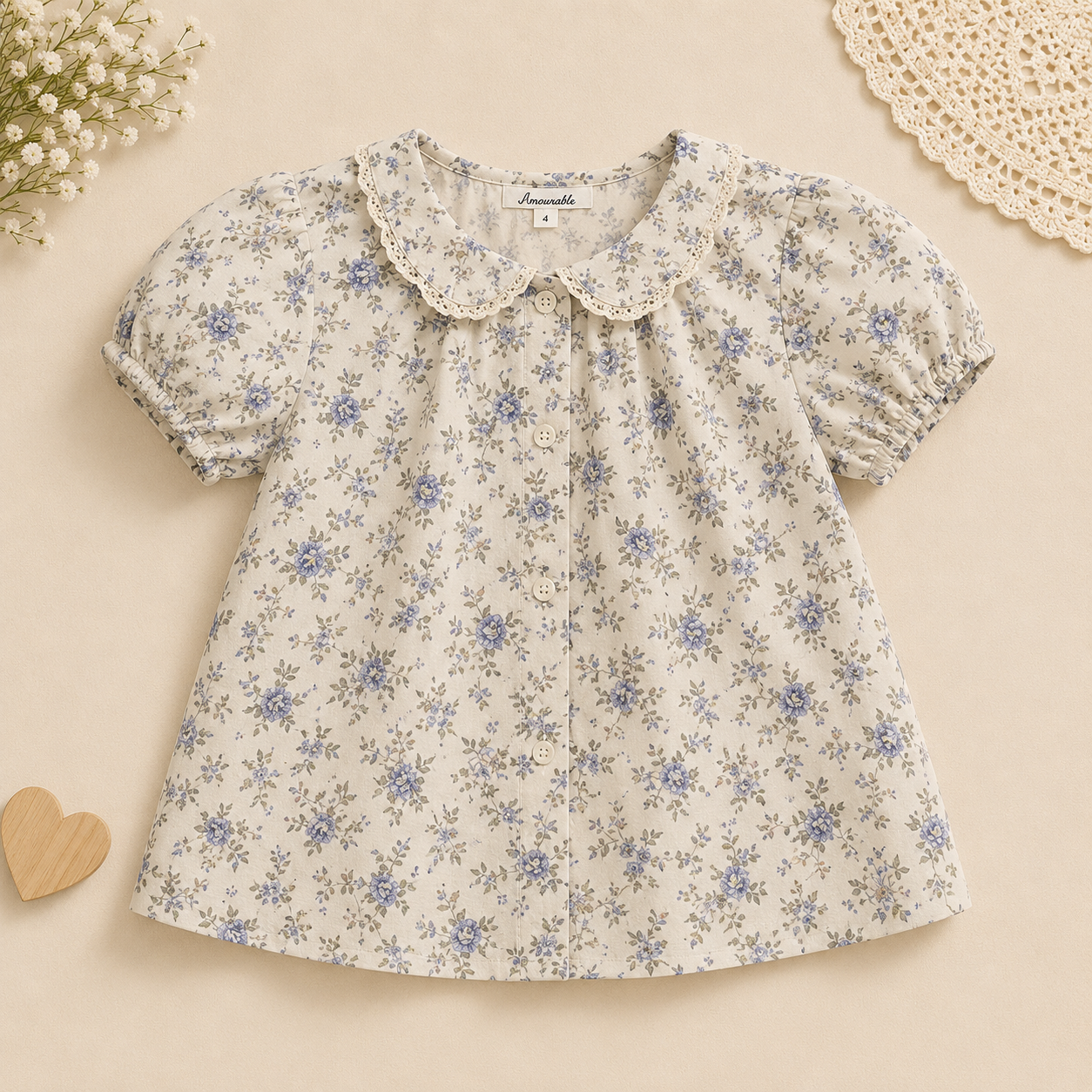 Girls Summer Fashion Top – Luftig & behagelig – Vintage-top til piger Blå med blomster / 140 (7–8 år) | Pädagogisches Holzspielzeug von Mein Kleines Baby