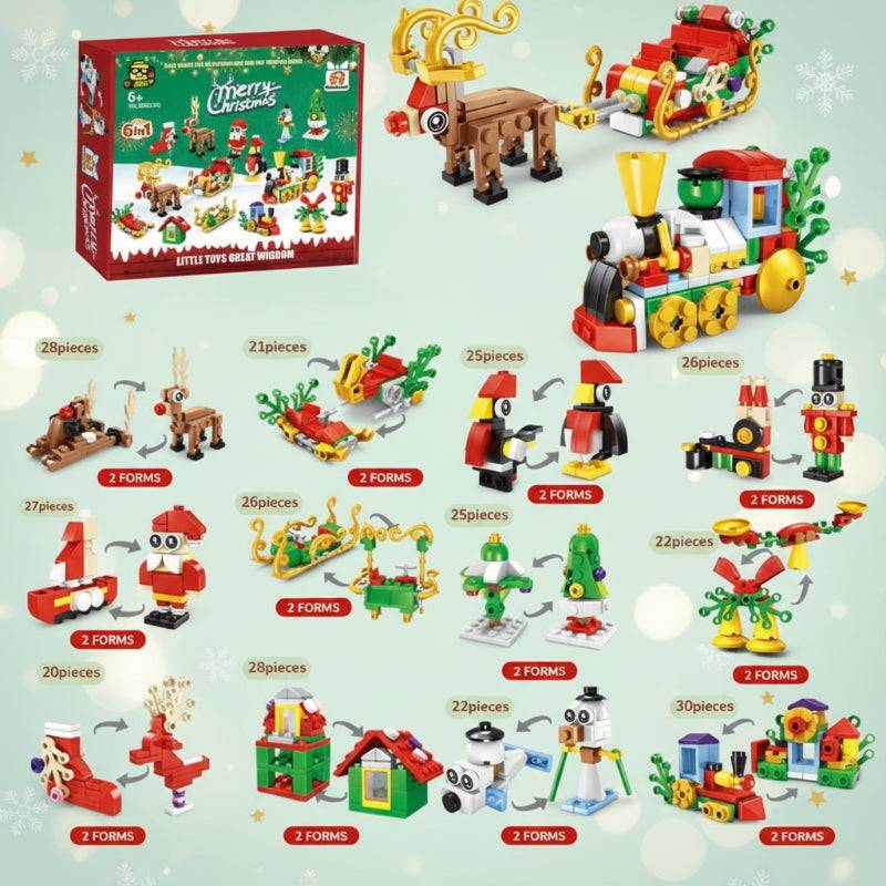 HolidayBlocks– Fröhlich&dekorativ– Weihnachts-Mini-Bausteine Pferdeschlitten&Zug (12 in 1) | Pädagogisches Holzspielzeug von Mein Kleines Baby