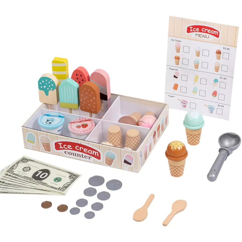 Ice Cream Playset™ - Kreativ und lehrreich - Eiscreme-Spielset Eisdiele mit Kasse und Box | Pädagogisches Holzspielzeug von Mein Kleines Baby