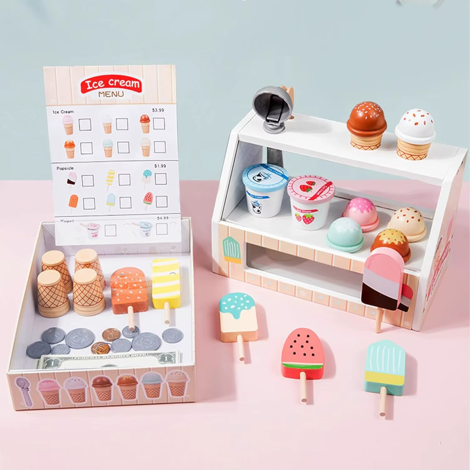 Ice Cream Playset™ - Kreativ und lehrreich - Eiscreme-Spielset Eisdiele mit Speisekarte | Pädagogisches Holzspielzeug von Mein Kleines Baby