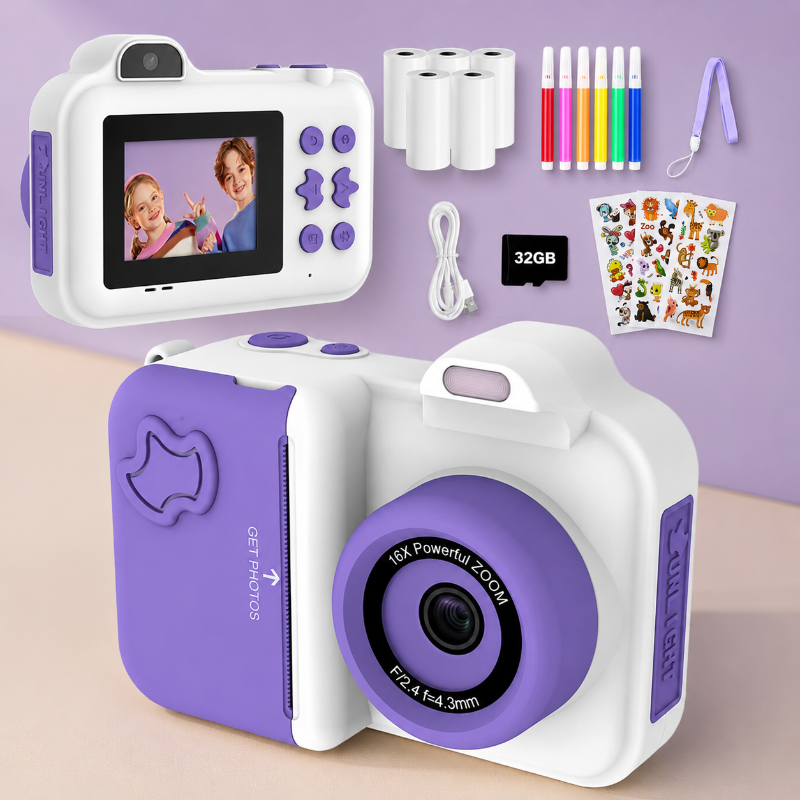 Instant Print Camera – Kreativt & interaktivt – Instant-kamera til børn Hvid Lilla | Pädagogisches Holzspielzeug von Mein Kleines Baby