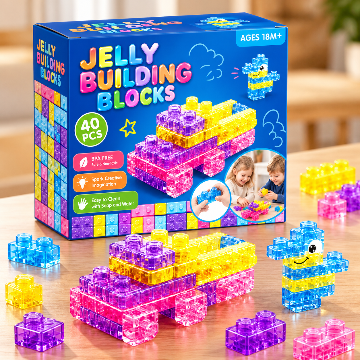 JellyBuild – Weich & Kreativ – Flexible Jelly-Bausteine 40er-Set | Pädagogisches Holzspielzeug von Mein Kleines Baby