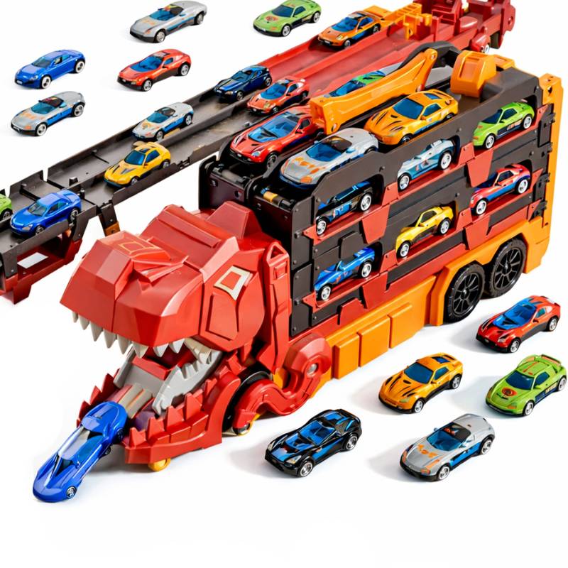 JurassicTruck™ – Cool&Lustig– Zusammenklappbarer Dino-Transportwagen Rot | Pädagogisches Holzspielzeug von Mein Kleines Baby