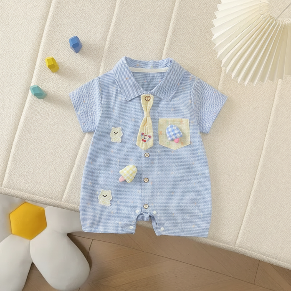 KiddoStyle – Niedlich & weich – Kinder-Jumpsuit mit Krawatte und Aufnäher Blau / 80 (9–12 Monate) | Pädagogisches Holzspielzeug von Mein Kleines Baby